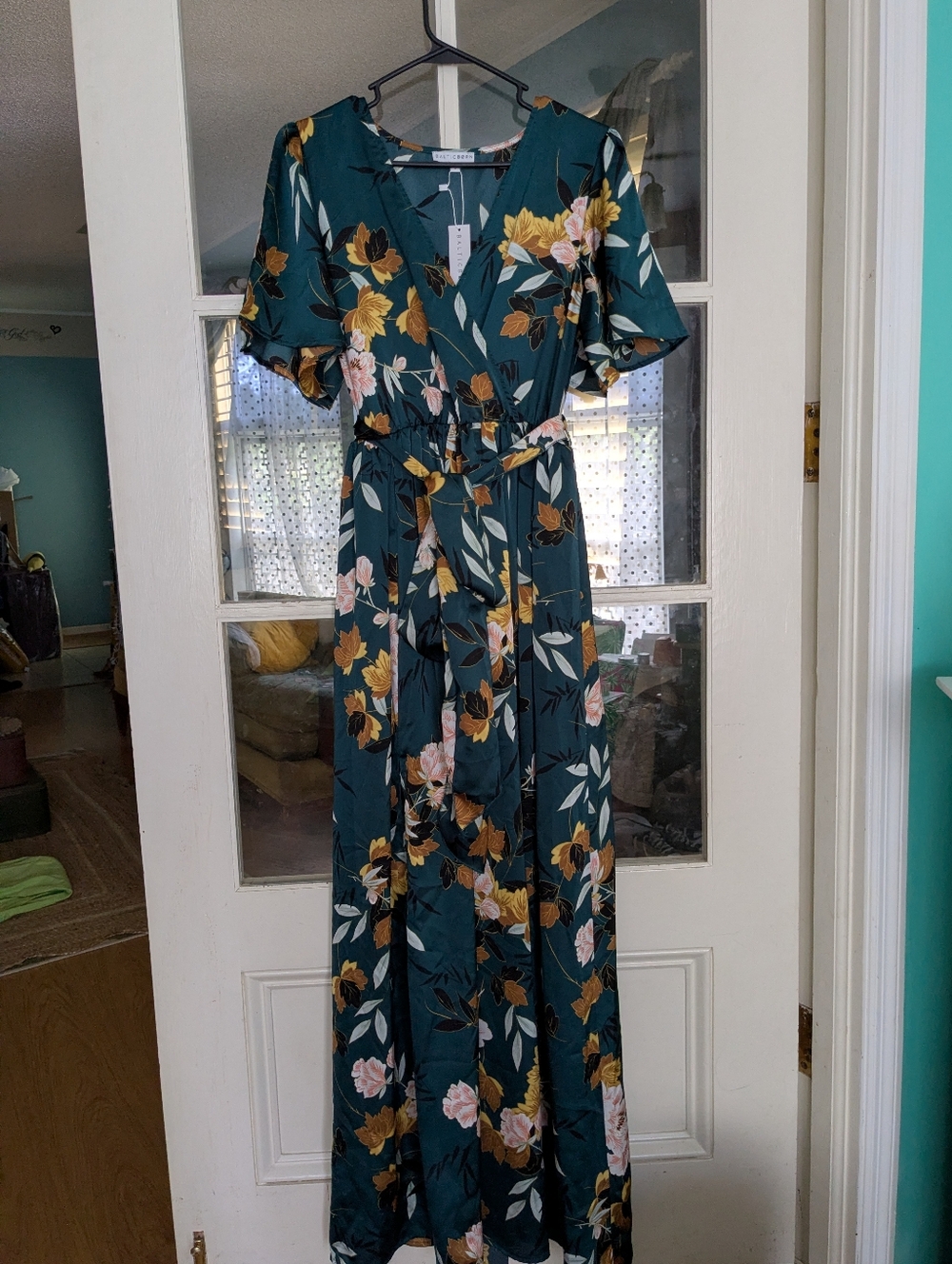 NWT Baltic Born Sicily Satin Maxi Dress | Dark Green Floral Size Large - Picture 2 of 9